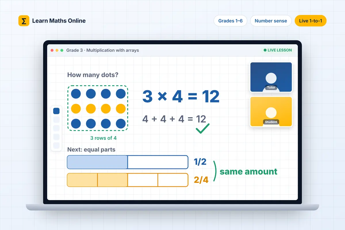 Online math tutor for kids teaching Grade 3 multiplication with arrays